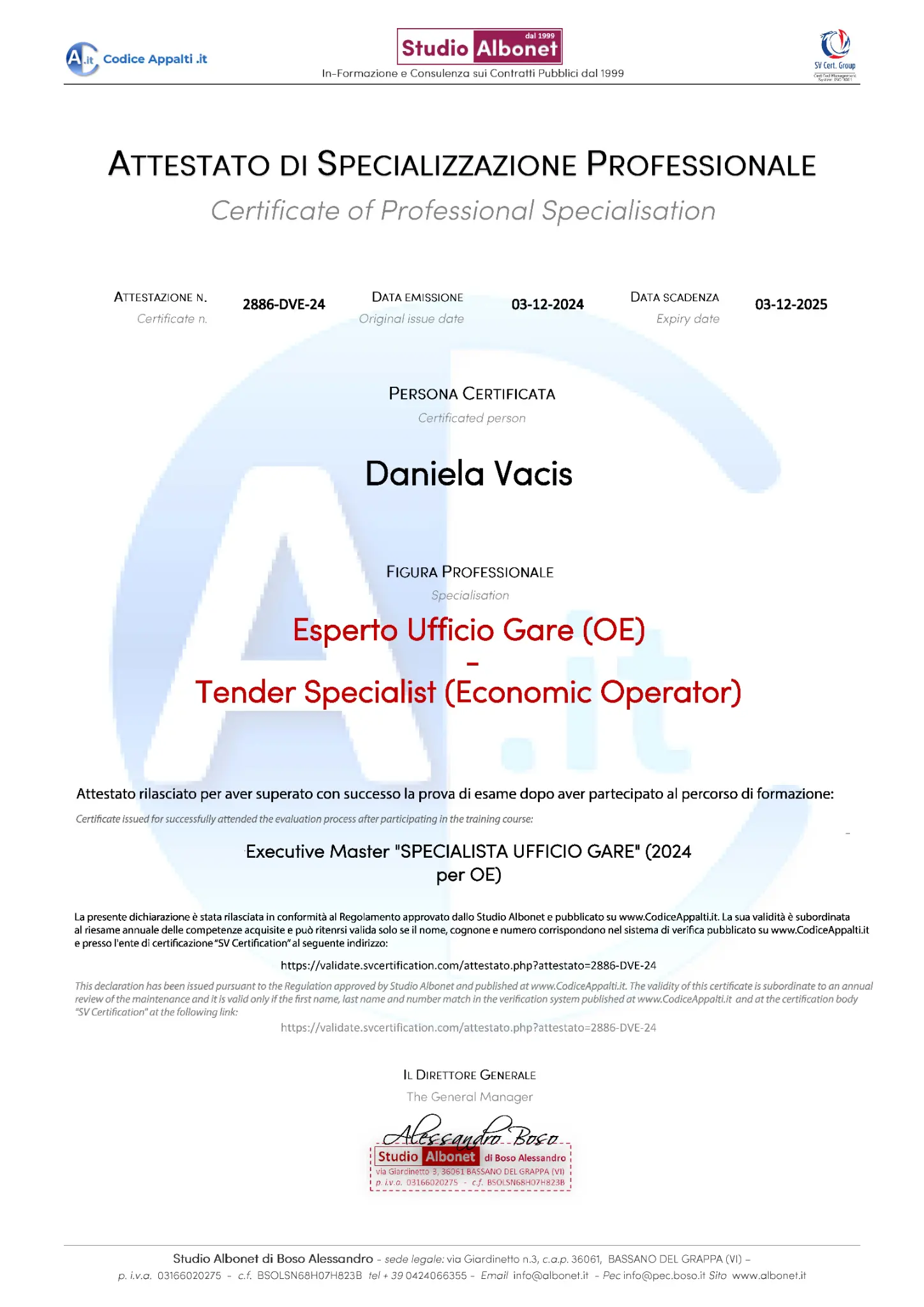 Attestato di Specializzazione Professionale